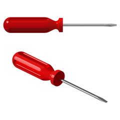 Плоская стальная отвертка с красной пластиковой рукояткой, вид в профиль и общий вид, изолированные на белом фоне