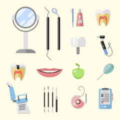 Fototapeta na wymiar Flat health care dentist medical tools medicine instrument hygiene stomatology vector illustration.