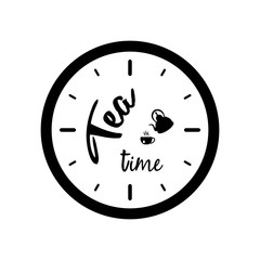 Clock silhouette with tea pot, cup and Tea Time text
