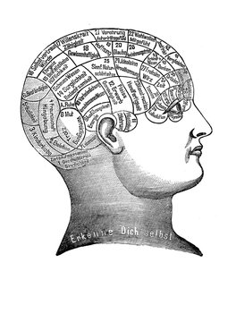 Alternative and pseudo-medicine: phrenology cart  about the brain localization of mental functions, vintage engraving