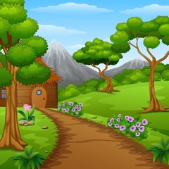 Fototapeta premium Wood cabin in the countryside with mountains and dirt road