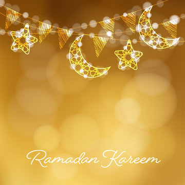 Garlands with decorative moons, stars, lights and party flags. Vector illustration card, invitation for Muslim community holy month Ramadan Kareem. Golden festive blurred background.