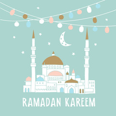 Silhouette of hand drawn mosque with garlands of light bulbs, moon, stars, vector illustration background for muslim community holy month Ramadan Kareem.