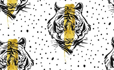 Hand drawn vector abstract creative seamless pattern with tiger face illustration,golden foil and polka dots texture isolated on white background.Design for fashion fabric,decoration,wrapping,business