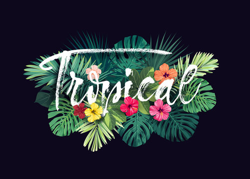 Summer hawaiian vector design for card or flyer with exotic palm leaves, hibiscus flowers and lettering.