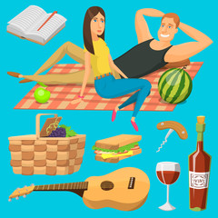 Obraz na płótnie Canvas Adult couple on picnic plaid barbecue outdoor icons romantic summer picnic food vector illustration.