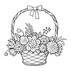 Basket of flowers with handle decorated with ribbon and bow. Black and white outline vector illustration. Coloring page for adults