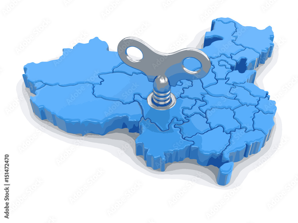 Aufkleber map of china with winding key. image with clipping path.