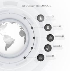 Infographic template with five circles and icons line up beside polygonal map - black and white version.