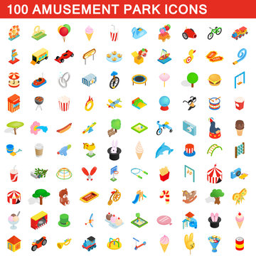 100 amusement park icons set, isometric 3d style