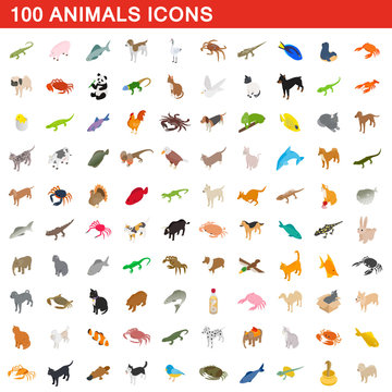 100 animals icons set, isometric 3d style