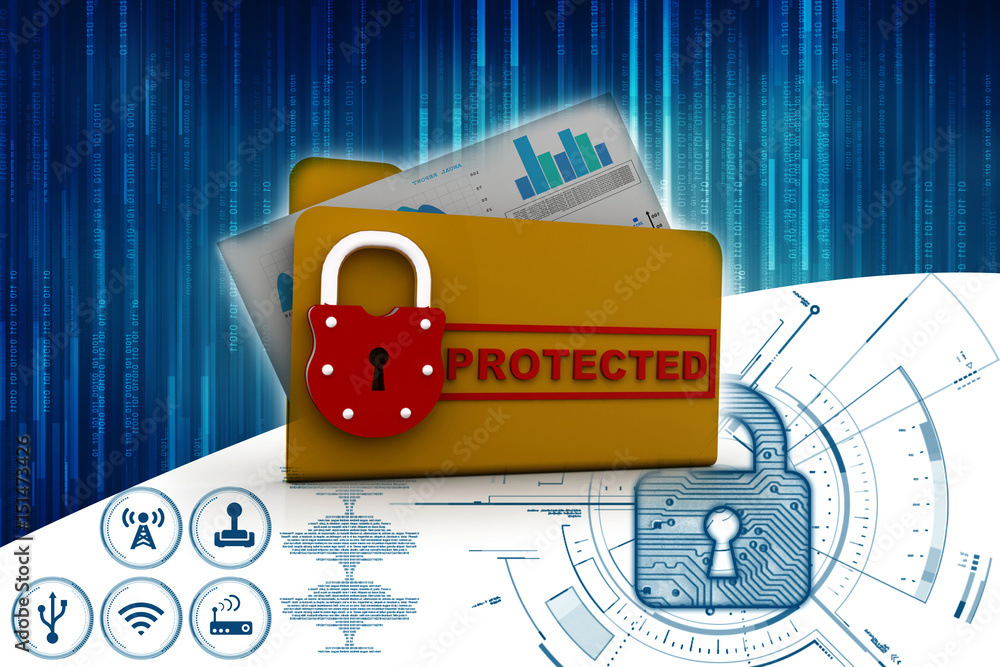 Poster yellow folder and lock. data security concept. 3d rendering