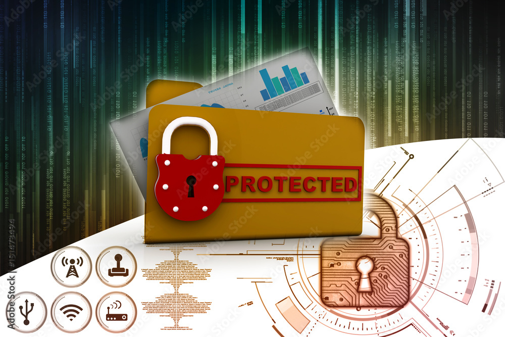 Poster yellow folder and lock. data security concept. 3d rendering