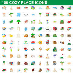 100 cozy place icons set, cartoon style