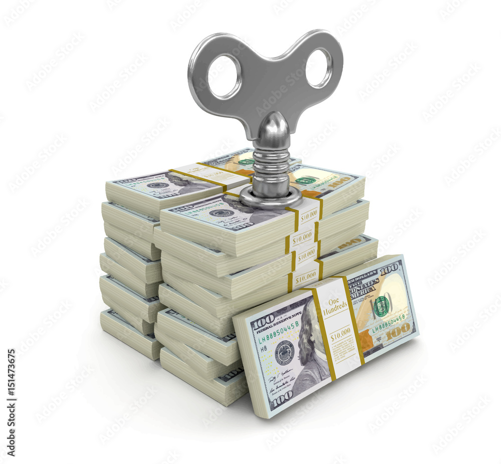 Poster pile of dollars with key. image with clipping path