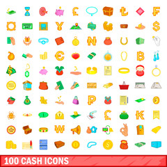 100 cash icons set, cartoon style
