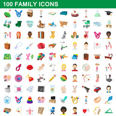 100 family icons set, cartoon style