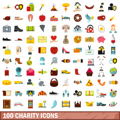 100 charity icons set, flat style