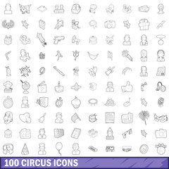 100 circus icons set, outline style