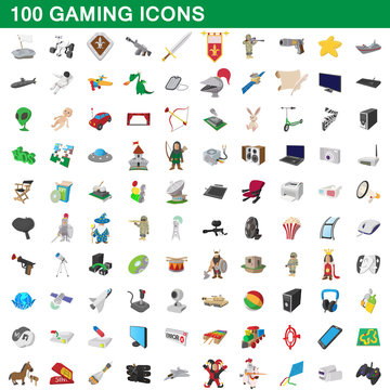 100 gaming icons set, cartoon style
