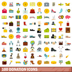 100 donation icons set, flat style