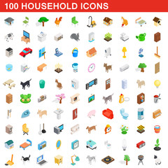 100 household icons set, isometric 3d style