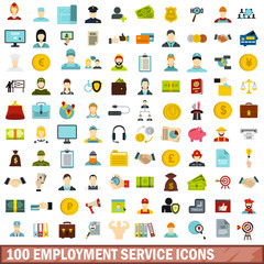 100 employment service icons set, flat style