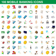 100 mobile banking icons set, cartoon style