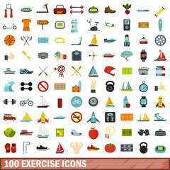 100 exercise icons set, flat style