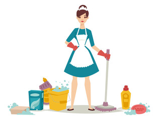 Fototapeta premium Housewife girl homemaker cleaning pretty girl wash cleanser chemical housework product equipment vector.