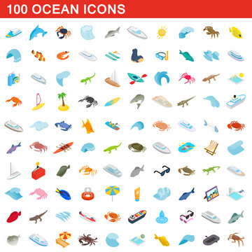 100 ocean icons set, isometric 3d style
