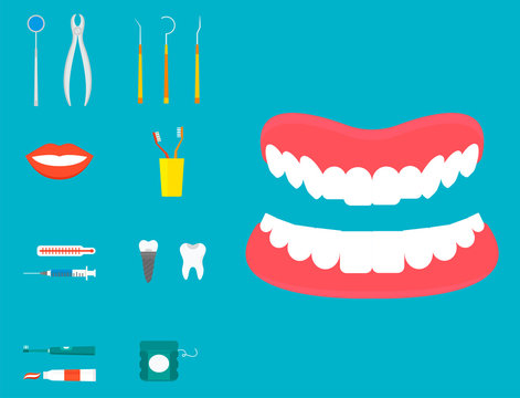 Flat health care dentist medical tools medicine instrument hygiene stomatology vector illustration.