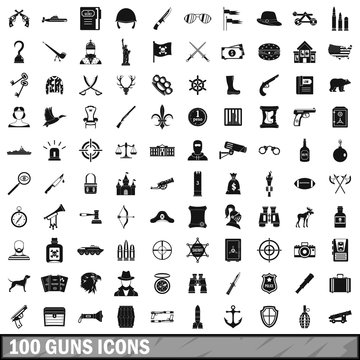 100 guns icons set, simple style 