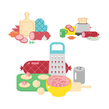 Meat products ingredient and rustic elements preparation equipment food flat vector illustration.