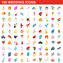 100 wedding icons set, isometric 3d style