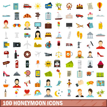 100 honeymoon icons set, flat style