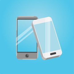 Two smart phone icons on a blue background