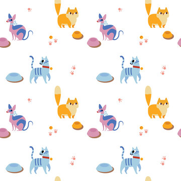 Unusual seamless pattern with cute cartoon cats.