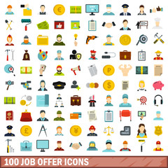 100 job offer icons set, flat style
