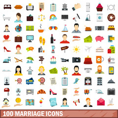 100 marriage icons set, flat style