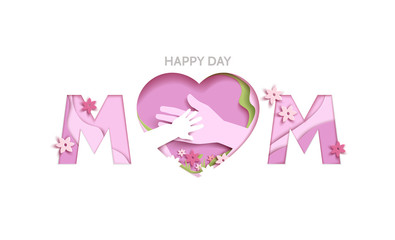Happy Mothers day greeting card in paper cut style in pink colors