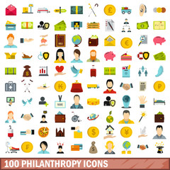 100 philanthropy icons set, flat style