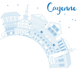 Outline Cayenne Skyline with Blue Buildings and Copy Space.