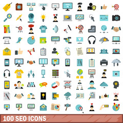 100 seo icons set, flat style