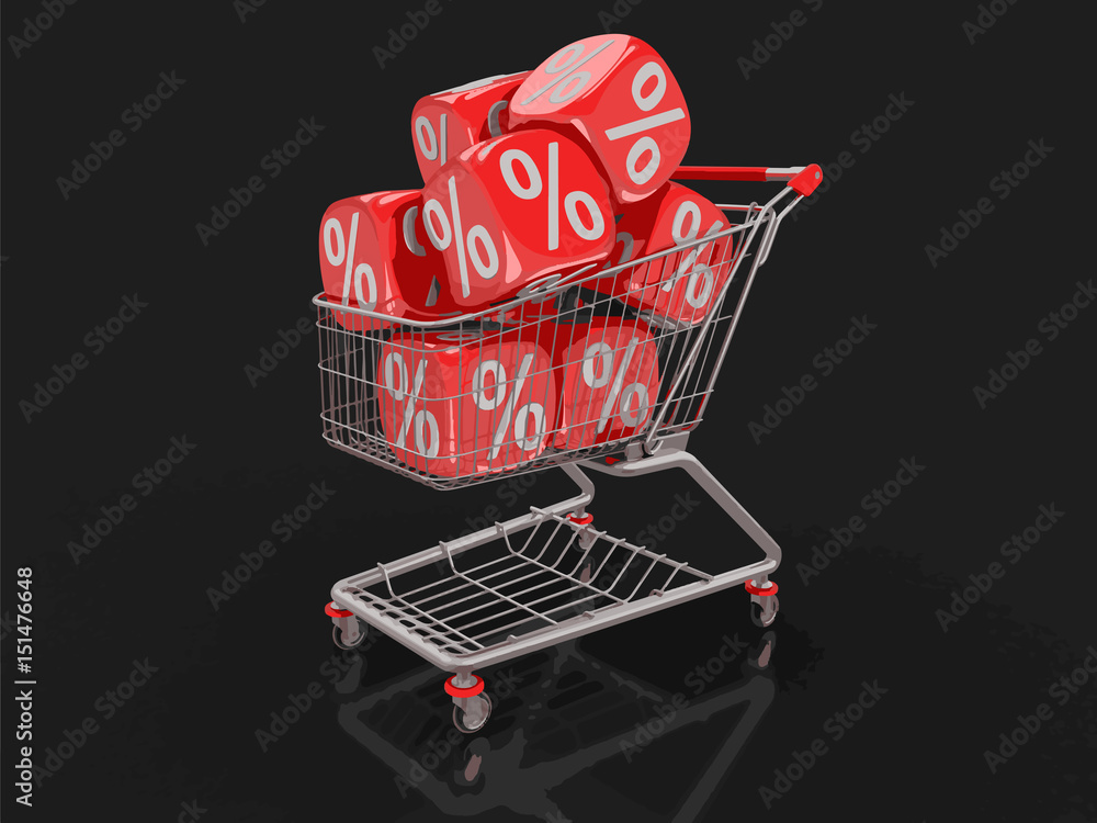 Poster shopping cart and dices with percent sign. image with clipping path