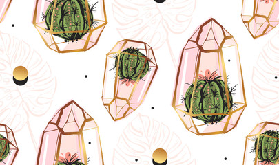 Modèle sans couture abstrait vectoriel dessiné à la main avec terrarium doré, texture à pois, feuilles de palmier tropicales et plantes de cactus aux couleurs pastel isolées sur fond blanc. Conception pour tissu de mode, décoration
