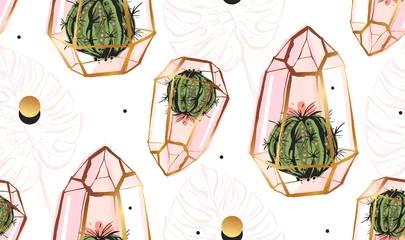 Behang Hand getekende vector abstracte naadloze patroon met gouden terrarium, polka dots textuur, tropische palmbladeren en cactussen planten in pastel kleuren geïsoleerd op witte bakground. Ontwerp voor mode stof, decor © anastasy_helter
