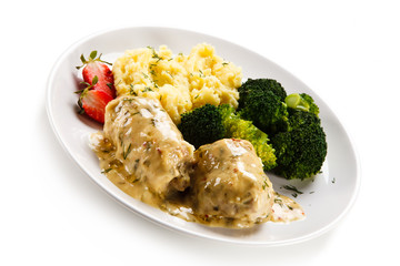 Pasta with vegetables on white background