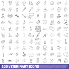 100 veterinary icons set, outline style