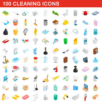 100 cleaning icons set, isometric 3d style